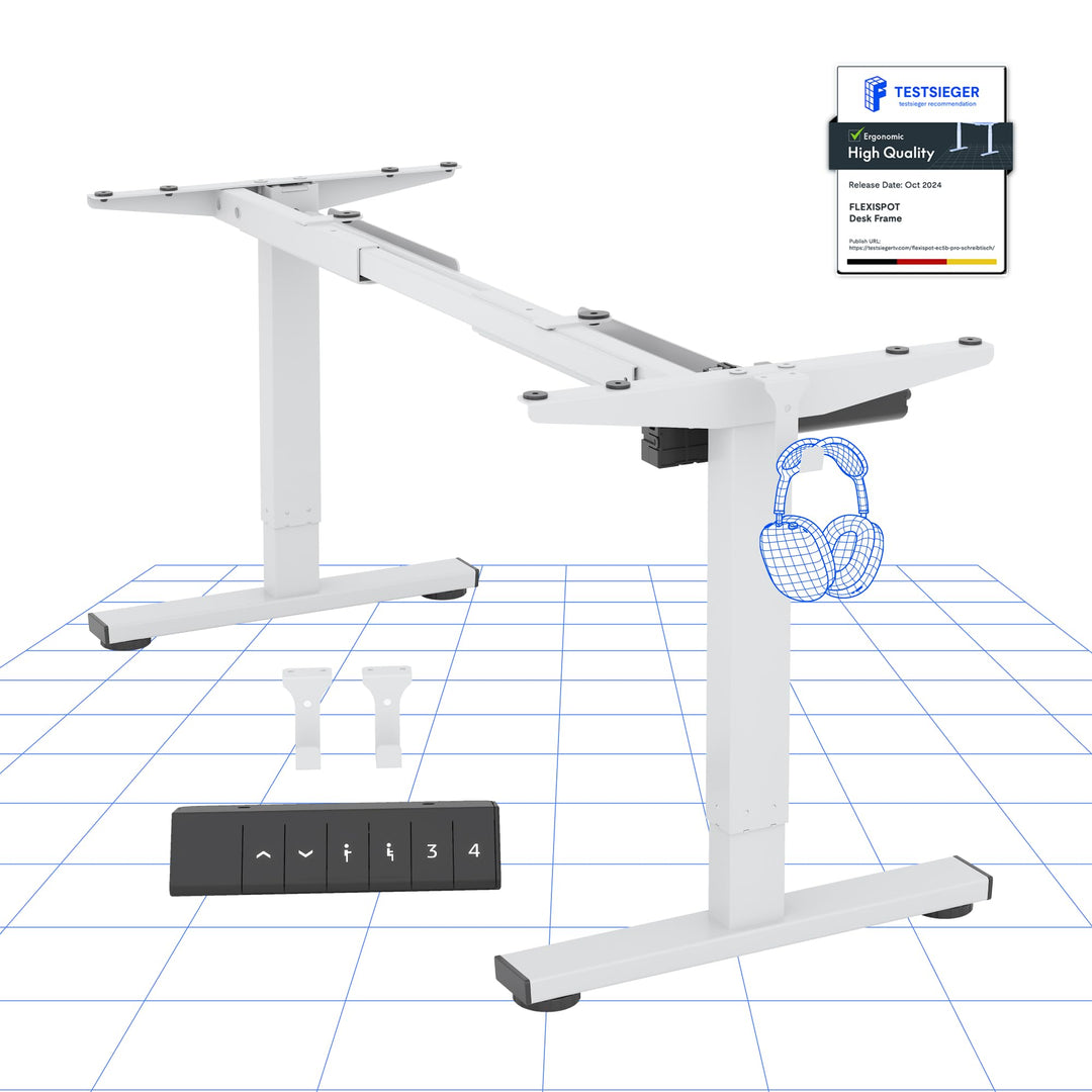 FlexiSpot electric standing desk with height adjustment and white frame