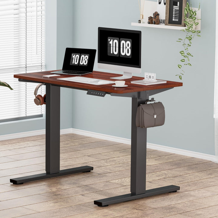 E1 Plus Electric Standing Desk - Height Adjustable Mahogany Desktop with Smart Panel