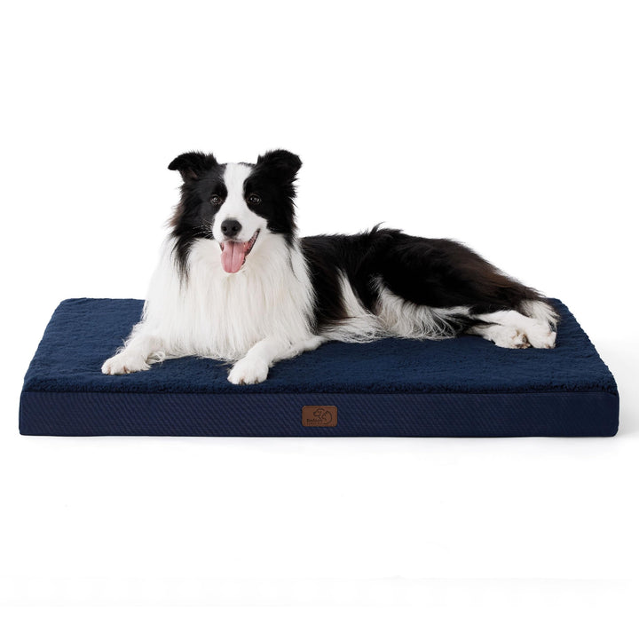 Orthopedic dog bed with plush sherpa cover in navy