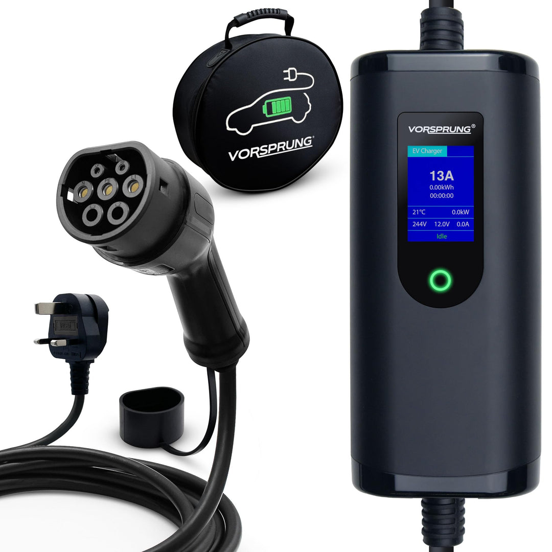 Portable EV charger with 8 metre cable and digital screen
