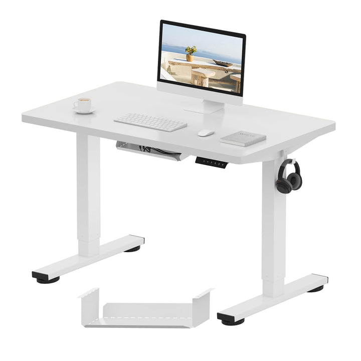 Electric standing desk with white frame and desktop