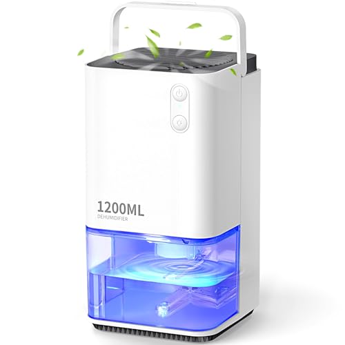 Mini White Electric Dehumidifier 1200ml with Auto Shut Off & 7 LED Lights