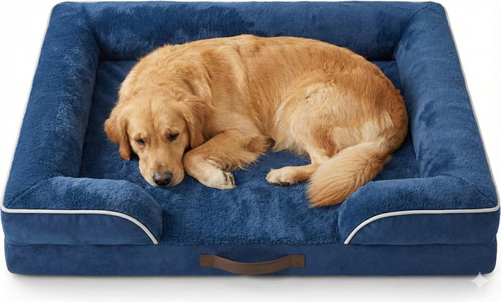 Extra-large waterproof dog bed with memory foam layer in navy blue