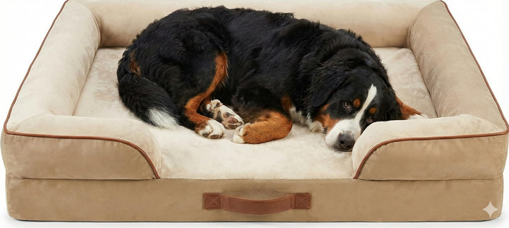 Memory foam dog bed in khaki with waterproof cover