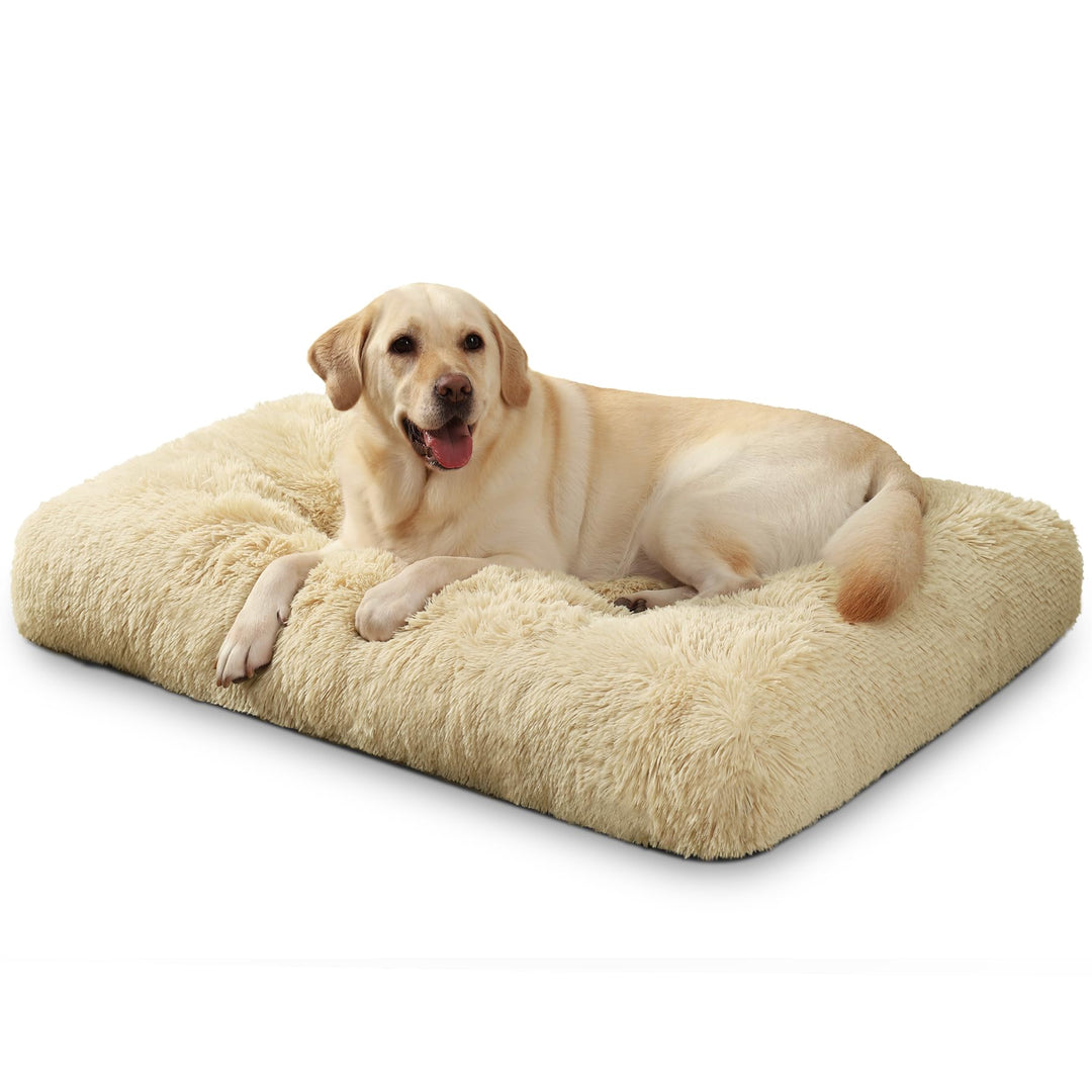 Extra large dog crate bed in beige with fluffy washable mattress