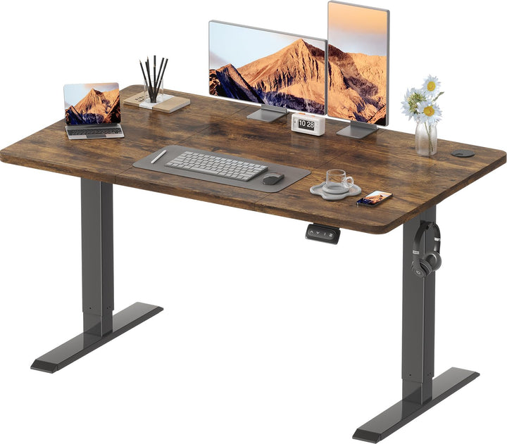 Electric standing desk with height adjustment and rustic brown finish