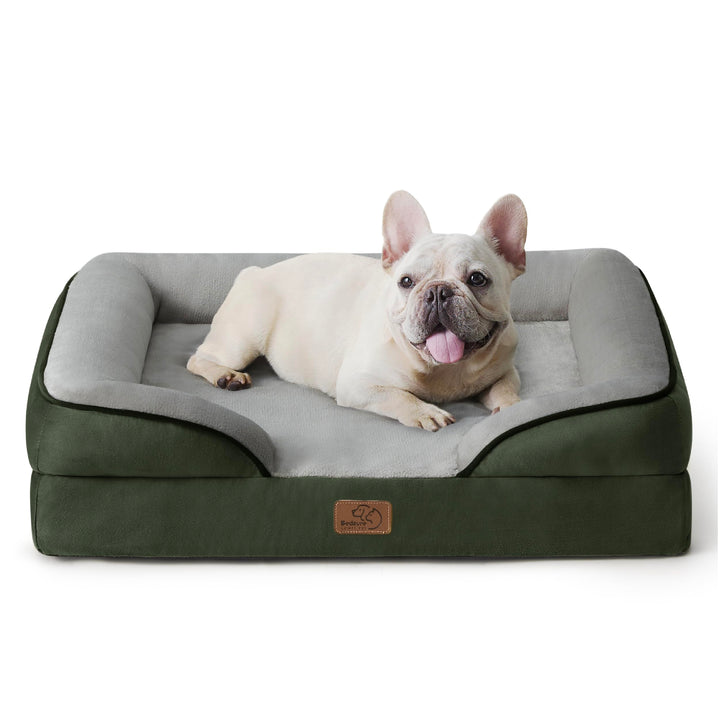 Medium Pet Sofa Bed with Washable Orthopedic Comfort and Flannel Cover - Puppy Couch for Small Dogs - Dark Green Dog Bed 71x58x16cm