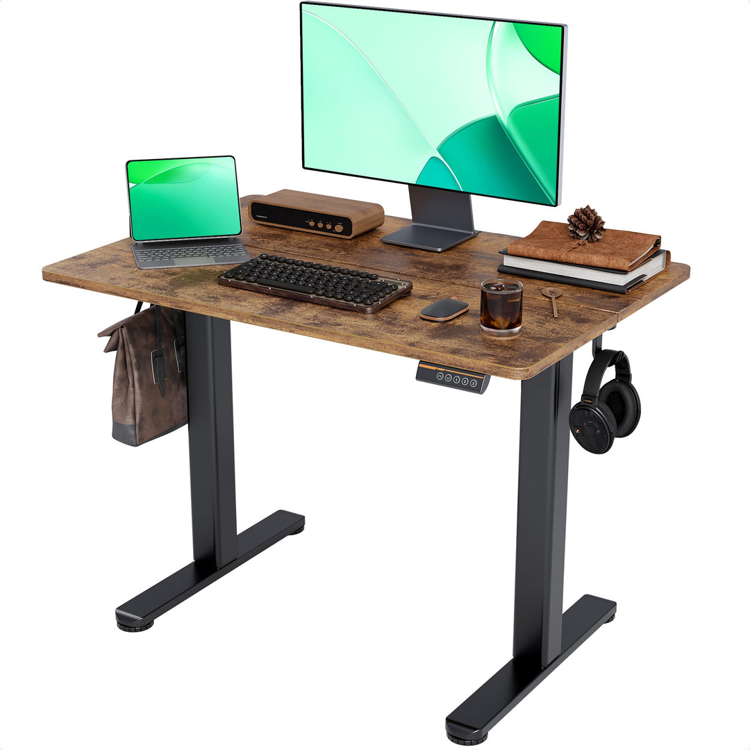 Electric standing desk with adjustable height and brown top