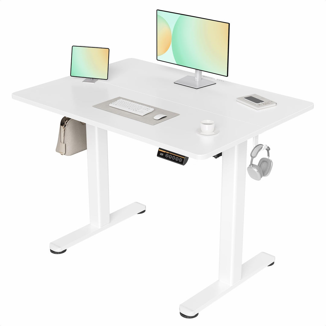 Electric standing desk with adjustable height and white frame