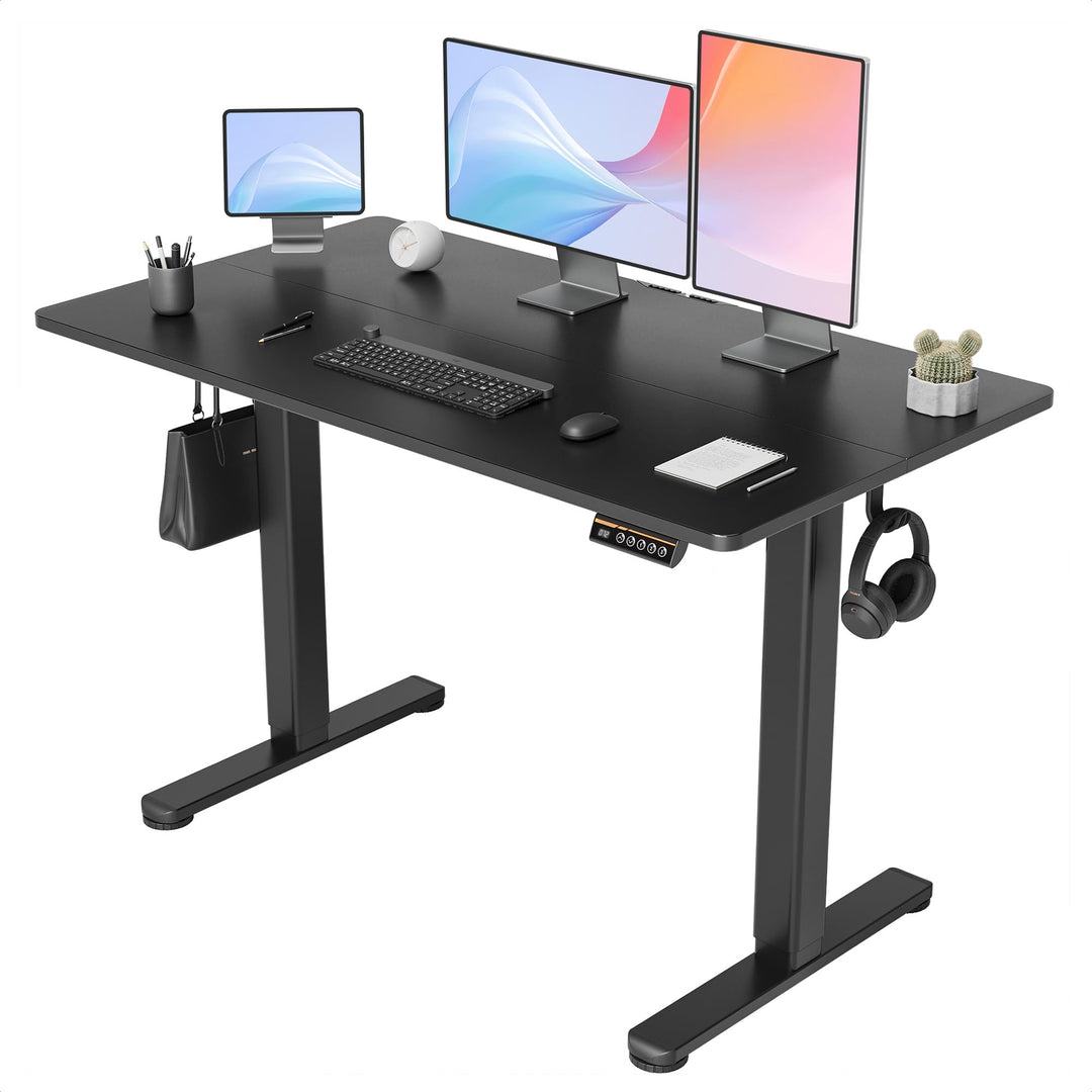 Electric standing desk with adjustable height and black frame
