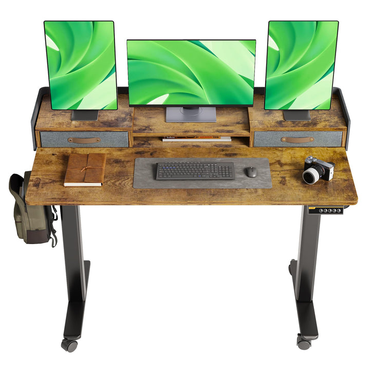 Electric standing desk with storage shelf in rustic brown