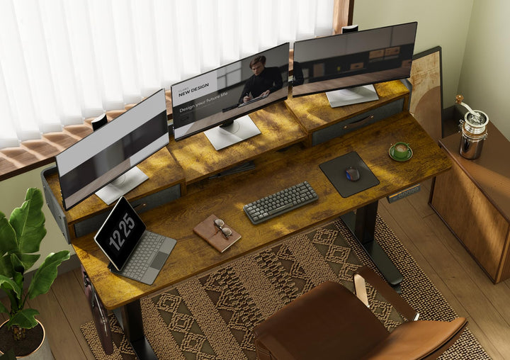 Claiks Electric Standing Desk 140x60cm Height Adjustable with Storage Shelf Rustic Brown