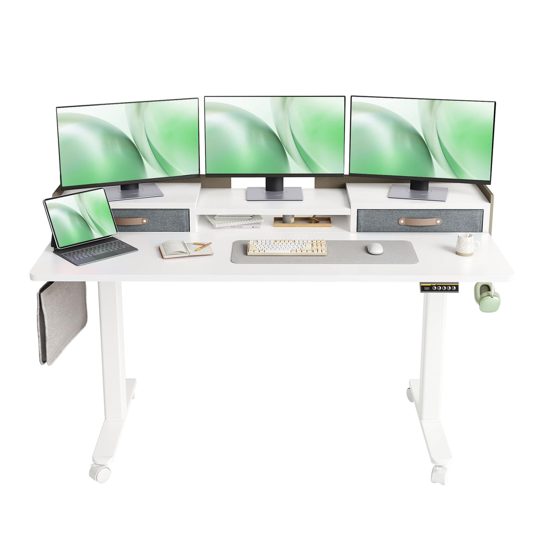 Electric standing desk with storage shelf and adjustable height