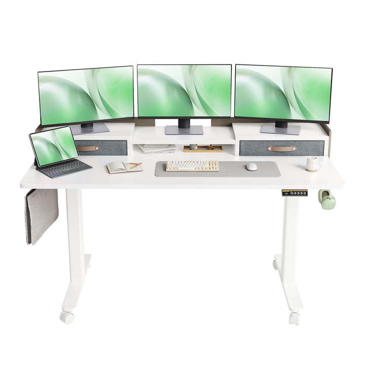 Electric standing desk with storage shelf and adjustable height