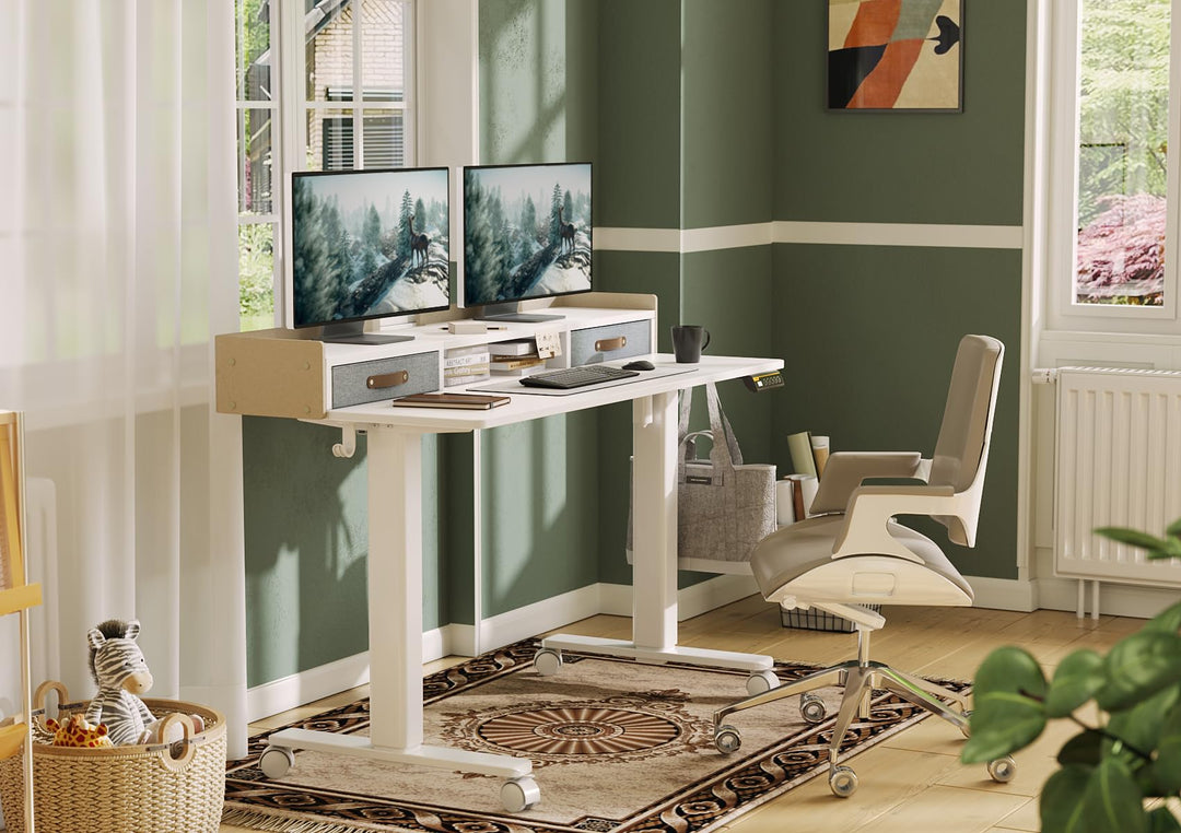 Claiks Electric Standing Desk 140x60cm - Height Adjustable with Storage Shelf - White