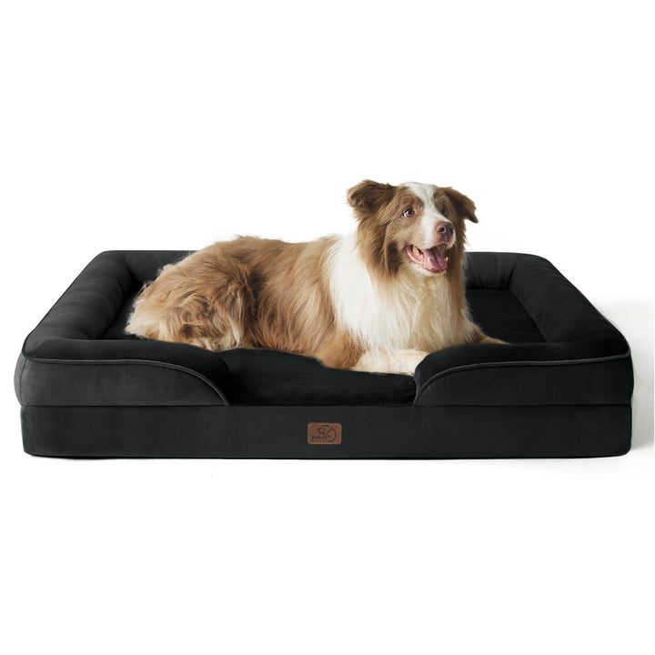 Large Dog Bed Sofa - Washable Orthopedic Dog Beds - Removable Flannel Cover - Waterproof Dog Pillow - U-Shape Bolster - Black Square Pet Bed - 97x71x16cm