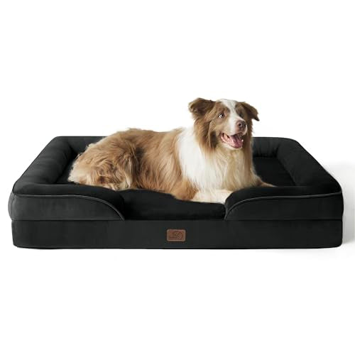 Large Dog Bed Sofa - Washable Orthopedic Dog Beds - Removable Flannel Cover - Waterproof Dog Pillow - U-Shape Bolster - Black Square Pet Bed - 97x71x16cm