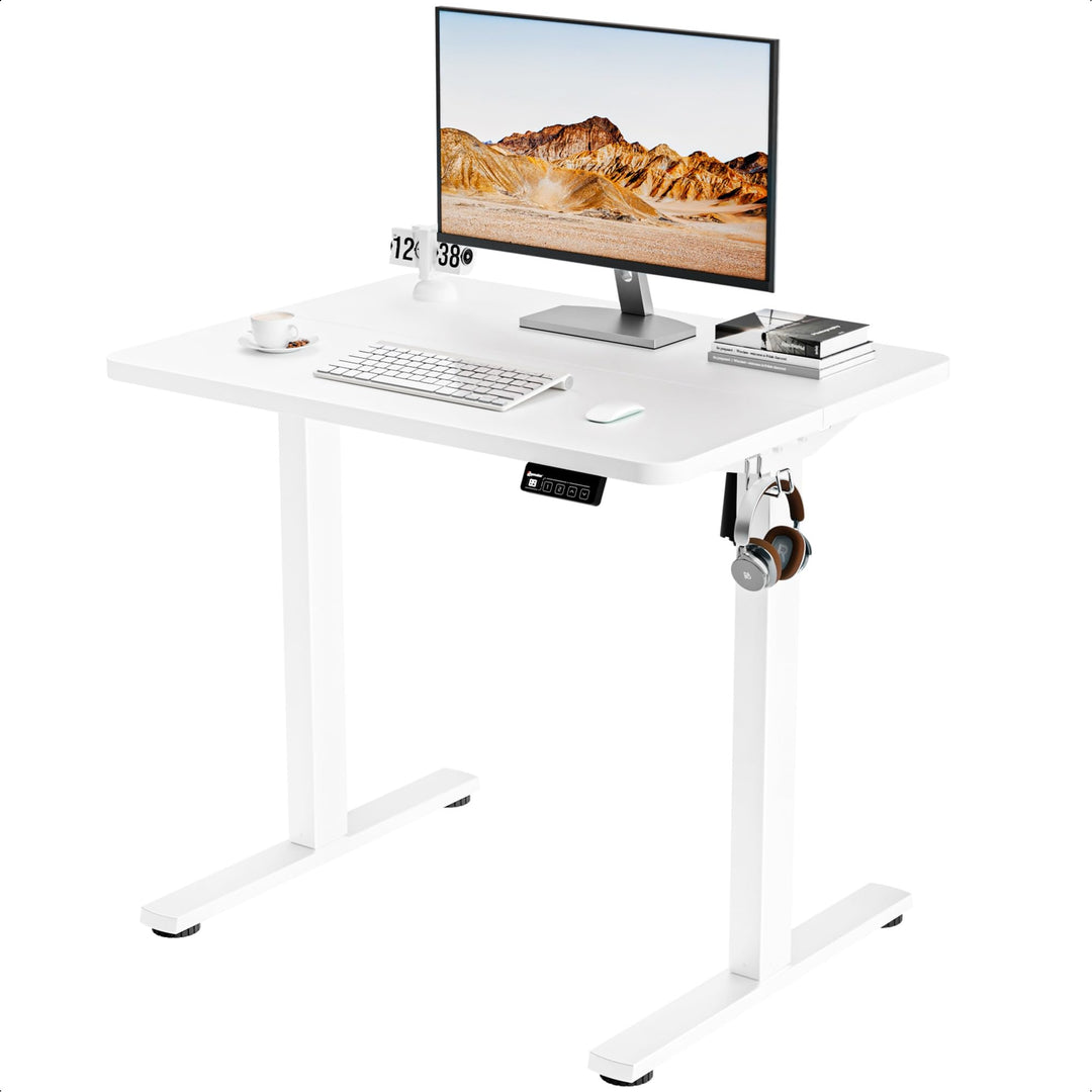 Electric height adjustable sit-stand desk with white frame and desktop