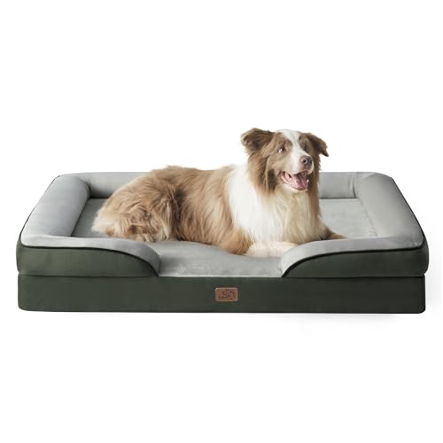 Large Dog Bed - Washable Orthopedic Pet Sofa, Removable Flannel Cover, Waterproof Dog Pillow - U-Shape Bolster - 97x71x16cm - Dark Green Square Bed