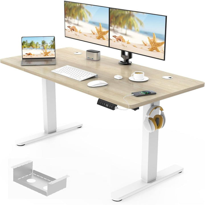 Electric standing desk in beige with USB charging port