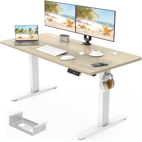 Electric Standing Desk - Height Adjustable with USB Charging Port - Small Sit Stand - Beige