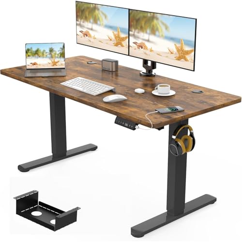 Electric Standing Desk 120x60cm with USB Charging Port - Height Adjustable - Brown