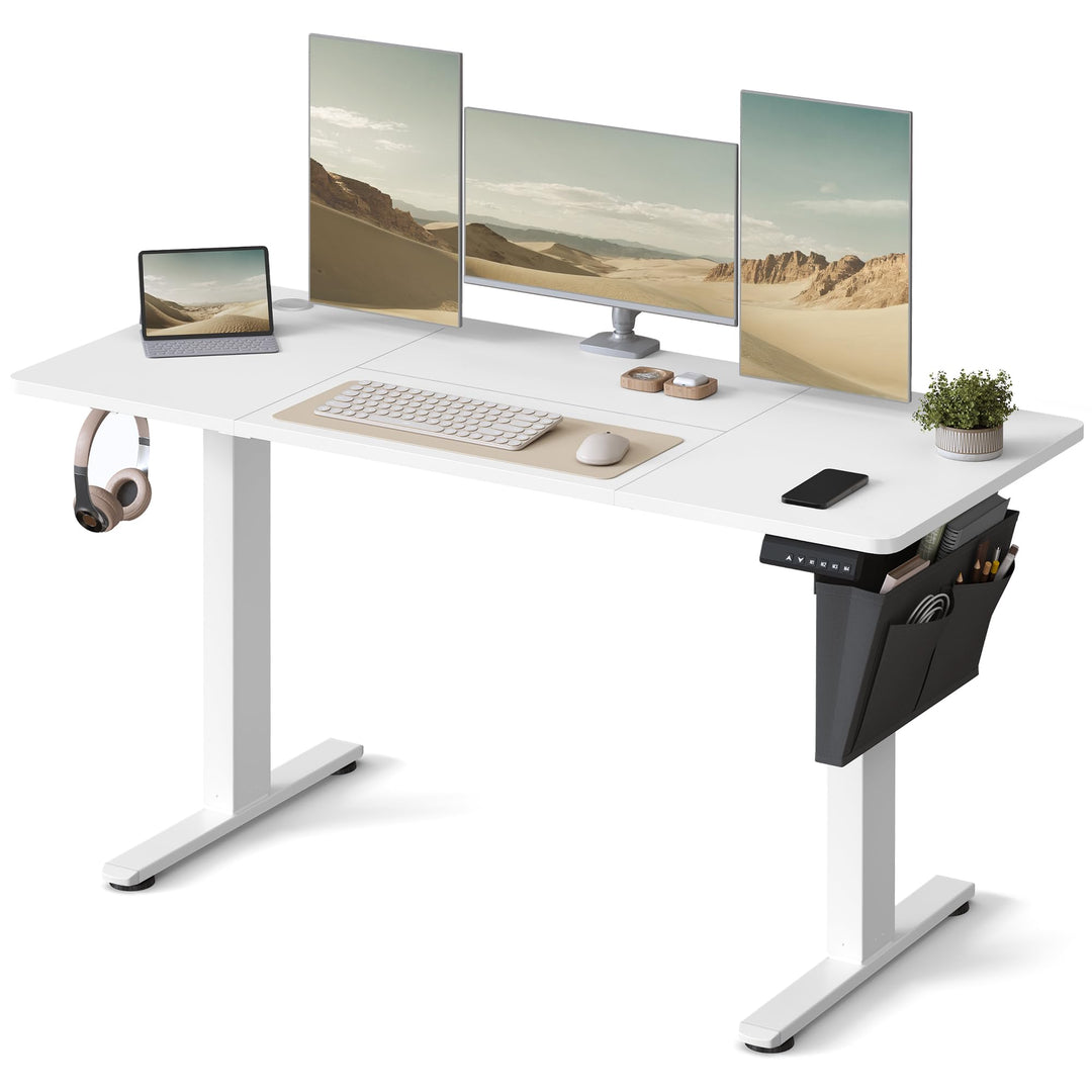 Electric standing desk with adjustable height and memory settings in cloud white