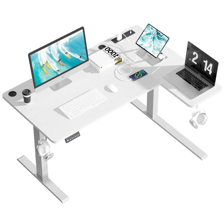 Electric standing desk with L shape and height adjustment feature