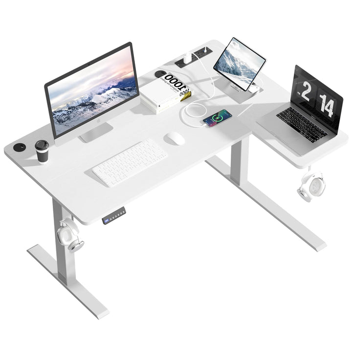 L-shaped standing desk with electric height adjustment and power outlets