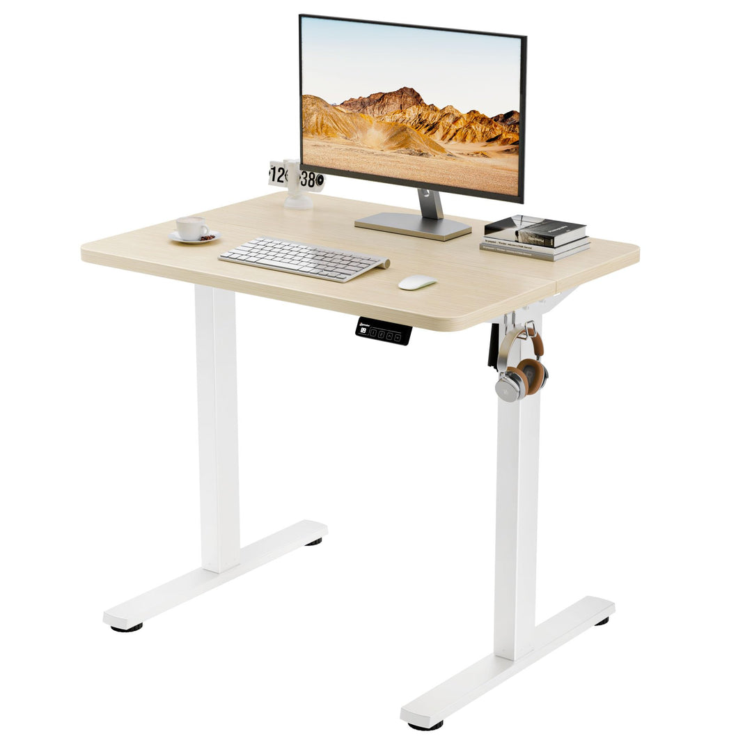 Electric standing desk with gold oak desktop and white frame