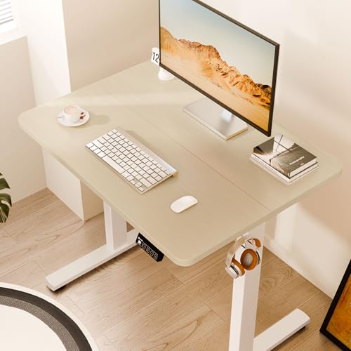 Electric Standing Desk 80x60cm Height Adjustable with Hooks - White Frame, Gold Oak Desktop