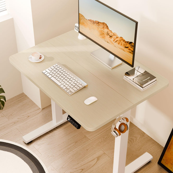 Electric Standing Desk 80x60cm Height Adjustable with Hooks - White Frame, Gold Oak Desktop