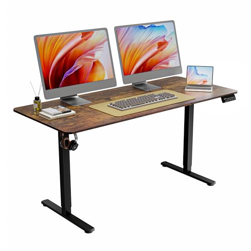 Ergomaker Electric Standing Desk - Height Adjustable 160x70cm - Black Frame, Rustic Brown Desktop