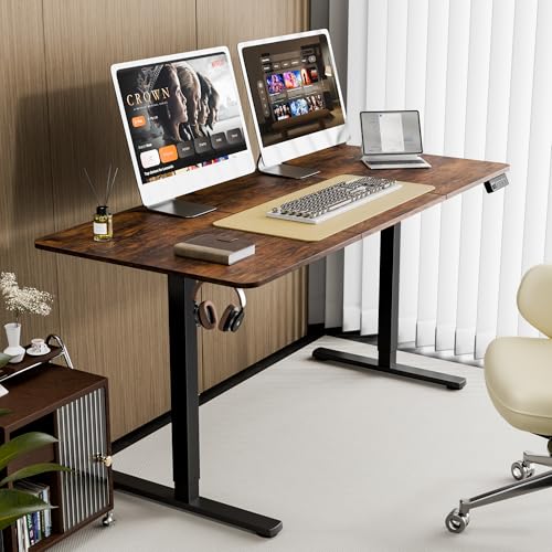 Ergomaker Electric Standing Desk - Height Adjustable 160x70cm - Black Frame, Rustic Brown Desktop