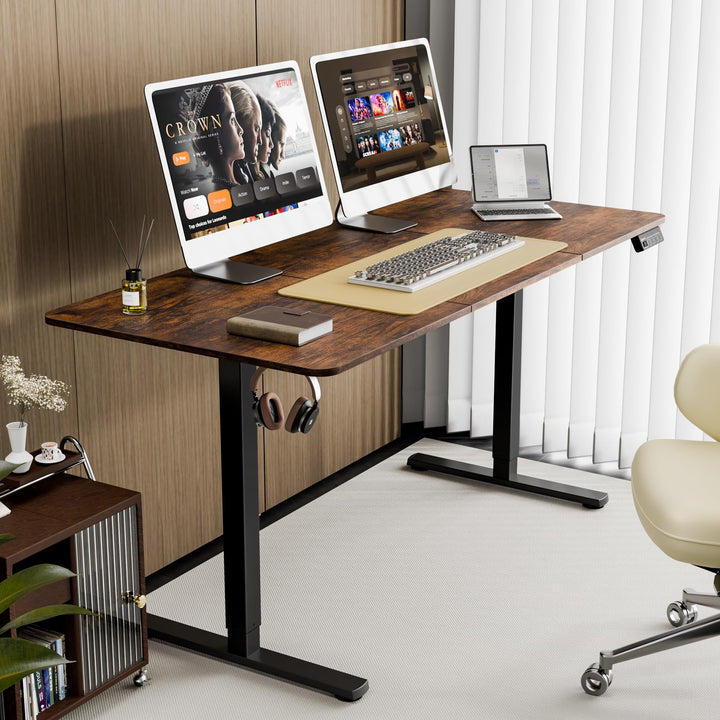 Ergomaker Electric Standing Desk - Height Adjustable 160x70cm - Black Frame, Rustic Brown Desktop