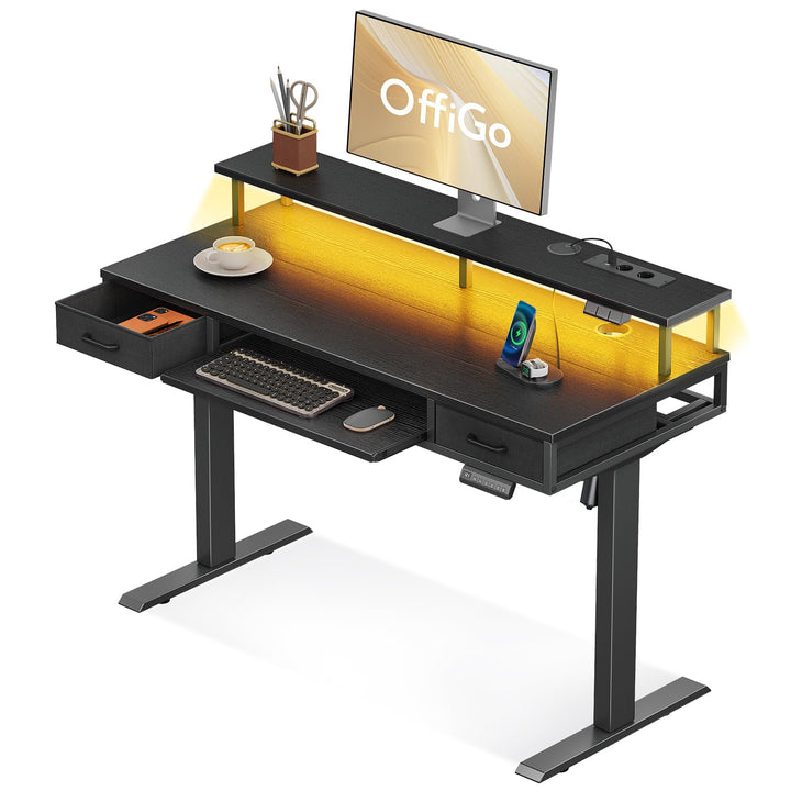 Height-adjustable standing desk with drawers and keyboard tray in black