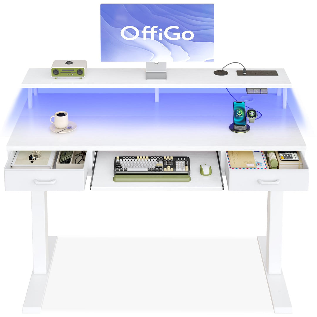 Height adjustable electric standing desk with drawers and keyboard tray in white