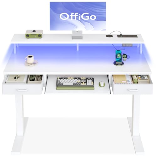 Offigo Height Adjustable Electric Standing Desk with Drawers - White
