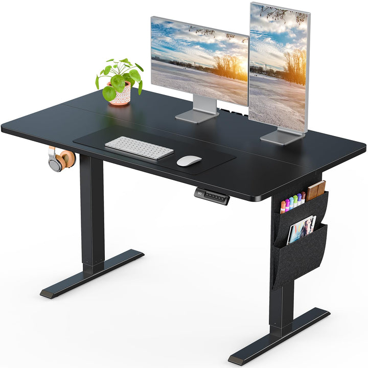 Height adjustable electric standing desk with storage and backpack hook