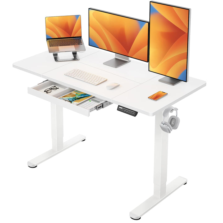 Electric standing desk with drawer and white surface