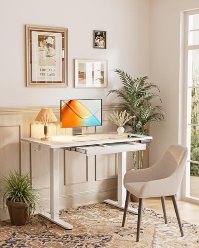 Electric Standing Desk with Drawer - Height Adjustable T-Leg - White Surface