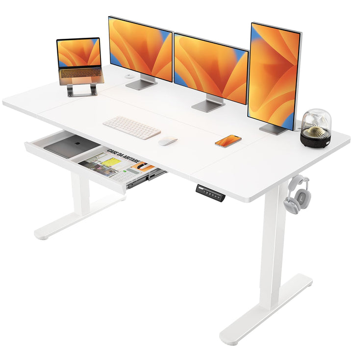 Electric standing desk with easy-glide drawer and white surface