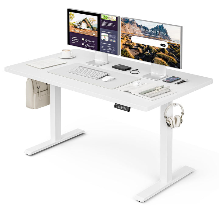 Height adjustable electric standing desk in white with ergonomic design
