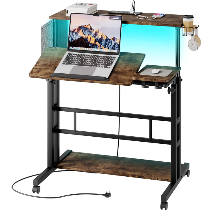 Height-adjustable rolling desk with tilting tabletop and LED lights