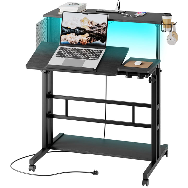 Height adjustable standing desk with power outlets and LED lights