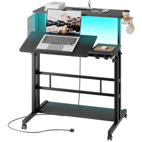 Height Adjustable Standing Desk with Power Outlets and LED Lights, 80 x 60 cm