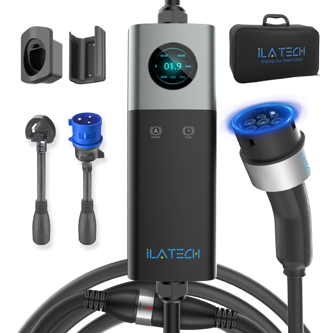 Portable EV charging station with Type 2 cable and LCD display