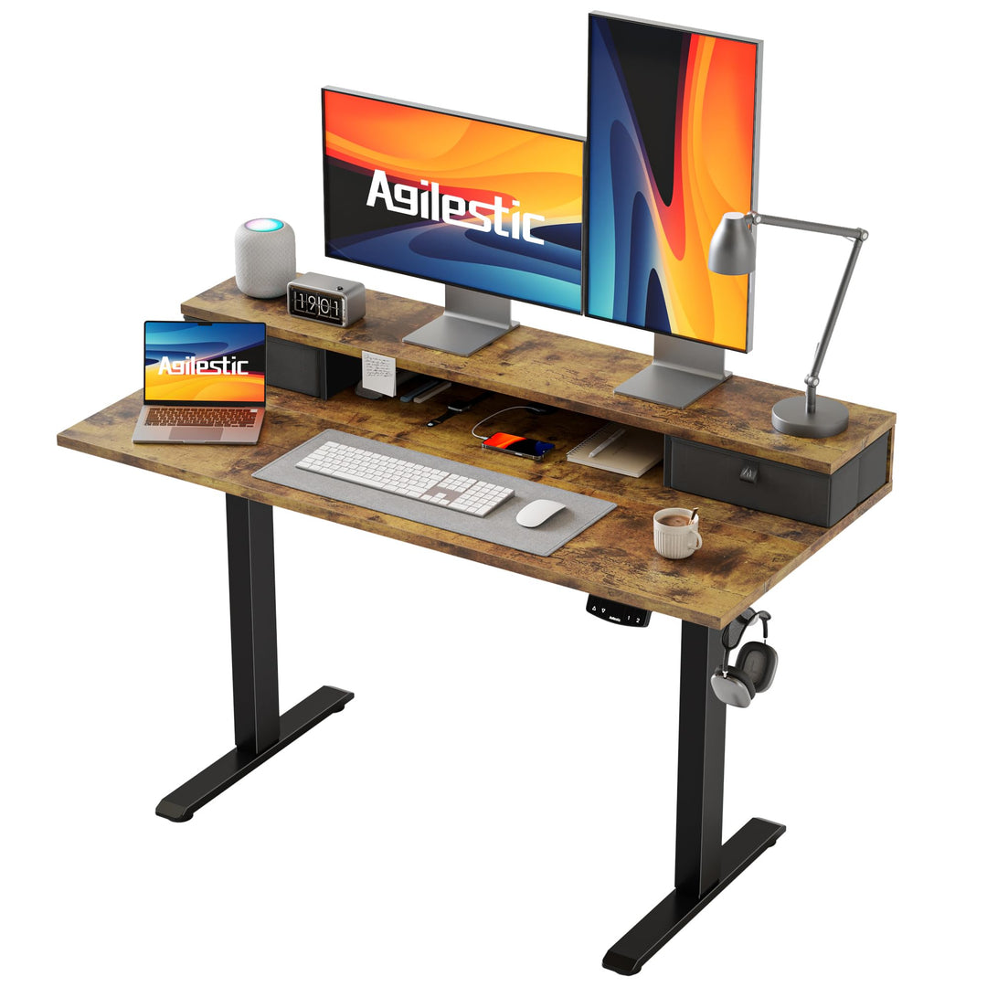 Electric adjustable height desk with drawers in brown