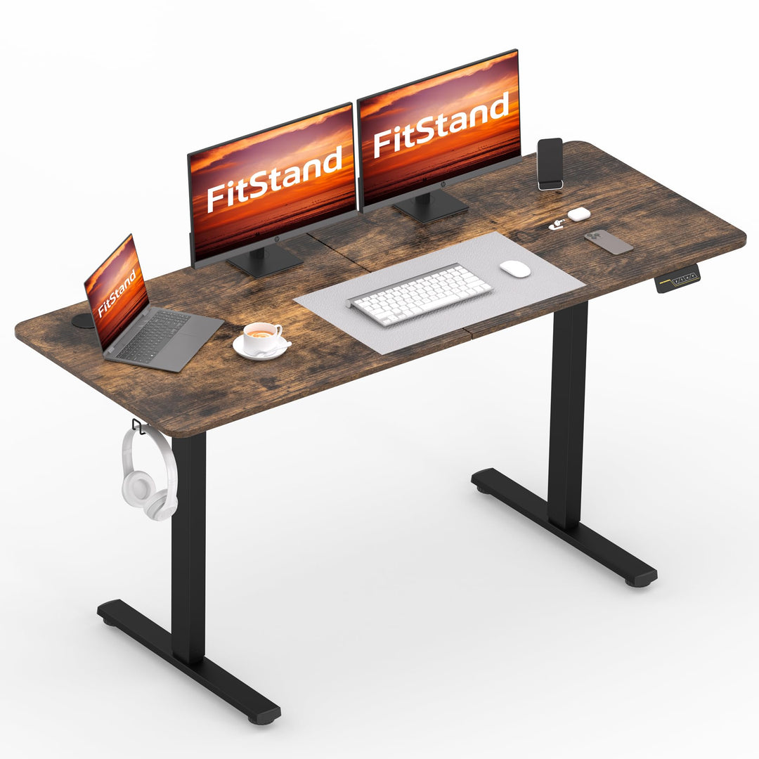 Height adjustable electric sit-stand desk in rustic brown