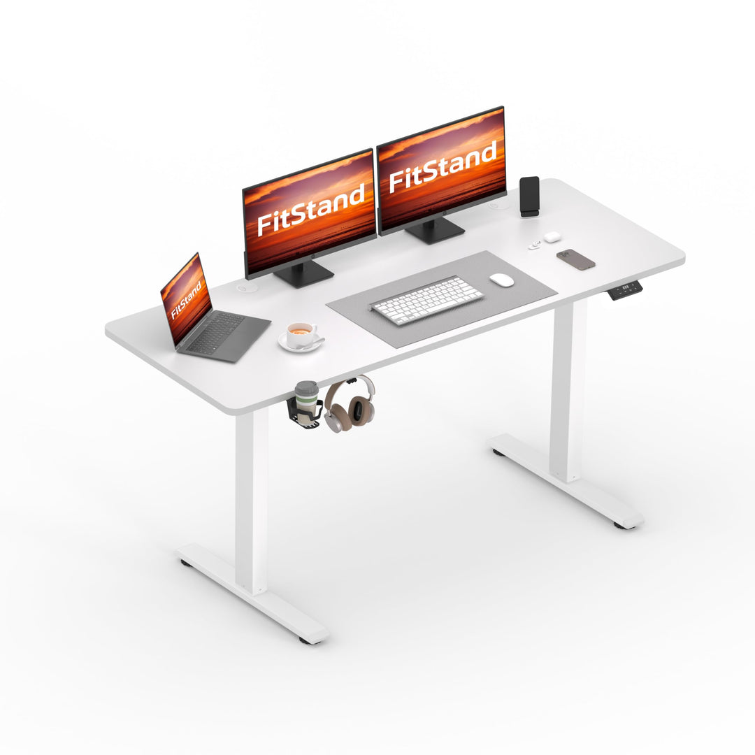 Electric height adjustable standing desk in white with memory function